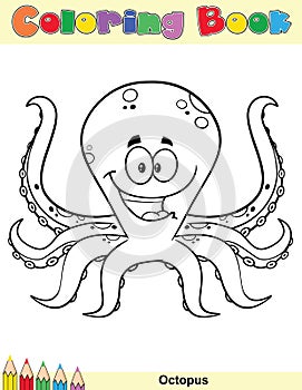 Coloring Book Page With Happy Octopus Cartoon Mascot Character