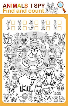 Coloring book page i spy. Count and color wild animal. Printable worksheet for kindergarten and preschool