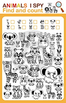 Coloring book page i spy. Count and color zoo animal. Printable worksheet for kindergarten and preschool