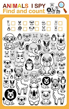 Coloring book page i spy. Count and color zoo animal. Printable worksheet for kindergarten and preschool