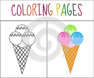 Coloring book page. Ice cream. Sketch and color version. Coloring for kids. Vector illustration