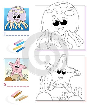 Coloring book page: jellyfish & starfish