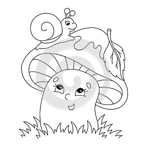 Coloring book page for kids. Cartoon style character. Mushroom and snail. Vector illustration isolated on white background