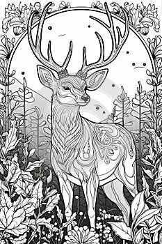 Coloring book page for kids. Deer isolated on white background. Black and White. Generative AI
