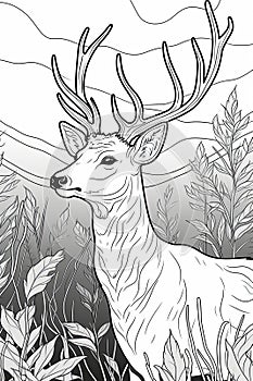 Coloring book page for kids. Deer isolated on white background. Black and White. Generative AI