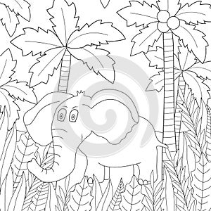 Coloring book page for kids with an elephant in the jungle. Cute animal art