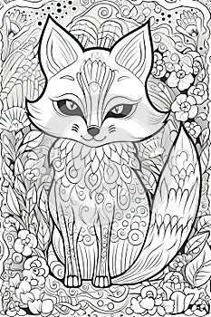 Coloring book page for kids. Fox isolated on white background. Black and White. Generative AI