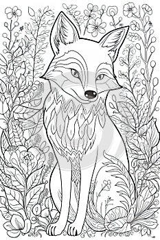 Coloring book page for kids. Fox isolated on white background. Black and White. Generative AI