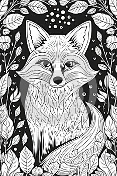 Coloring book page for kids. Fox isolated on white background. Black and White. Generative AI