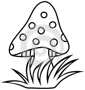 Coloring book page with mushroom in grass. Toadstool outline vector