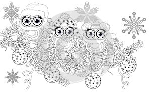 Coloring book page of owl and christmas tree for adult and old children. illustration. Hand drawn. Zentangle style