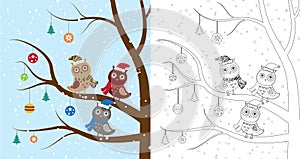 Coloring book page Penguin Christmas. Sketch and color version. Coloring for kids. Vector illustration