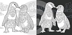 Coloring book page with penguin couple