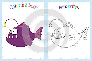 Coloring book page for preschool children with colorful anglerfish and sketch to color