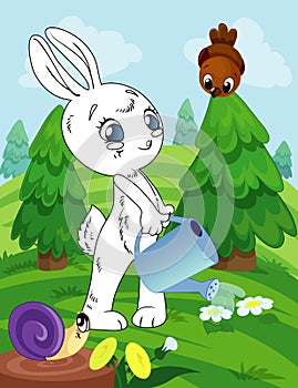 Coloring book page for preschool children with colorful background and sketch bunny for coloring