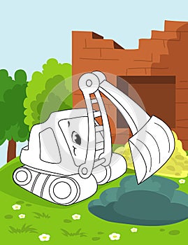 Coloring book page for preschool children with colorful background and sketch working bulldoser car for coloring