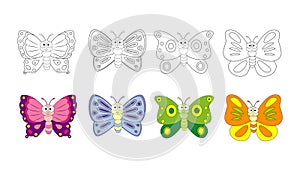 Coloring book page for preschool children with colorful butterflies and sketch to color. Vector butterfly illustration isolate