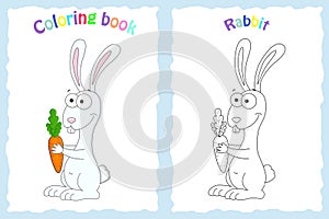Coloring book page for preschool children with colorful rabbit