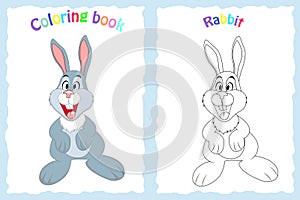 Coloring book page for preschool children with colorful rabbit