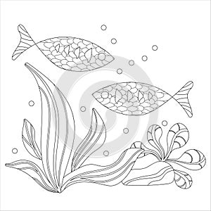 Coloring book page. Sea fish and algae. Under water. Marine vector motif . Scribbles of the underwater world, sea, ocean, river .