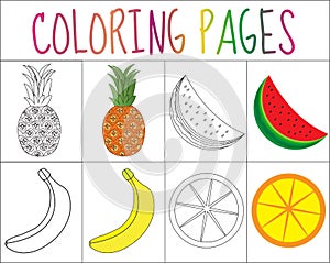 Coloring book, page set. Fruits collection. Sketch and color version. for kids. Childrens education. Vector illustratio