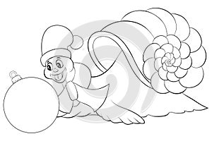 A coloring book,page a snail wearing a Christmas cap,scarf with