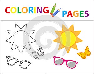 Coloring book page. Summer set, glasses, sun, butterfly. Sketch outline and color version. Coloring for kids. Childrens