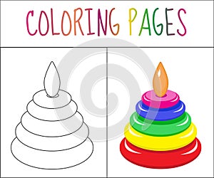 Coloring book page. Toy pyramid. Sketch and color version. Coloring for kids. Vector illustration