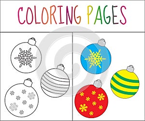 Coloring book page toys balls New Year. Sketch and color version. Coloring for kids. Vector illustration