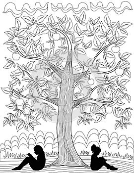 Coloring Book Page With Two Girls Reading Book Leaning On Apple Tree. Sheet To Be Colored With Kids Writing In Notebooks