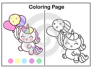 Coloring book pages Cute unicorn cartoon and birthday balloon girl kawaii vector animal horn horse fairytale illustration