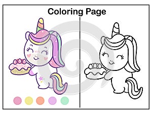 Coloring book pages Cute unicorn cartoon with birthday cake kawaii vector animal horn horse fairytale illustration