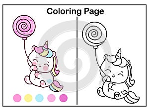 Coloring book pages Cute unicorn cartoon candy balloon girl kawaii vector animal horn horse fairytale illustration