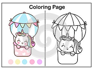 Coloring book pages Cute unicorn cartoon in pastel balloon girl kawaii vector animal horn horse fairytale illustration