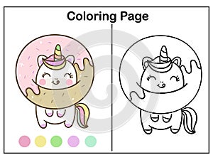 Coloring book pages Cute unicorn cartoon with sweet donut kawaii vector animal horn horse fairytale illustration