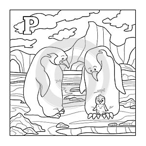 Coloring book (penguin), colorless illustration (letter P)