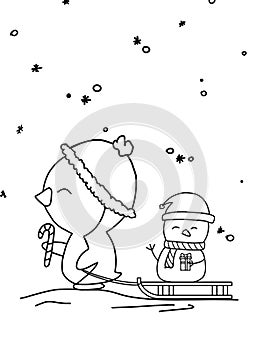 Coloring book, a penguin is pulling a sleigh