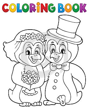 Coloring book penguin wedding theme 1