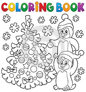 Coloring book penguins by Christmas tree