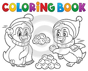 Coloring book penguins playing with snow