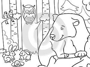 Coloring book picture, animals in the forest. Bear, rodents and birds. Raster