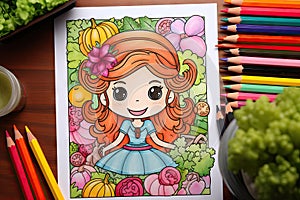 a coloring book with a picture of a little girl surrounded by fruits and vegetables. generative ai