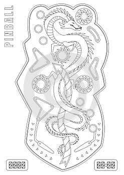 Coloring book pinball composition with pinball hit strike description and dragon image vector illustration.