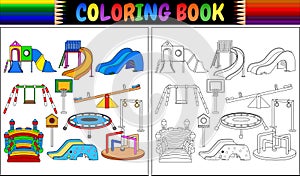 Coloring book with playground equipment icons set photo
