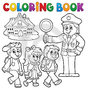 Coloring book pupils and policeman photo