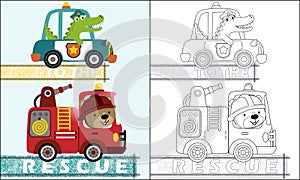Coloring book of rescue vehicles cartoon with funny animals driver
