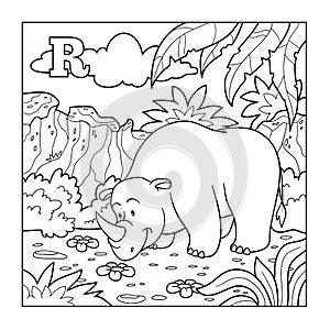 Coloring book (rhino), colorless alphabet for children: letter R