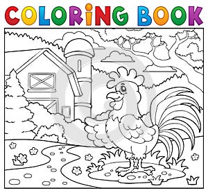 Coloring book rooster near farm