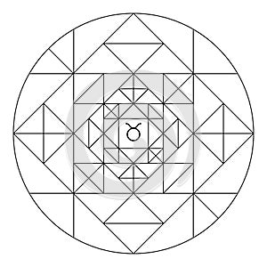Coloring book of sacred geometry. Mandala of zodiac sign of Taurus