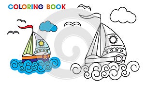 Coloring book. sailboat on the waves, to teach